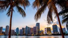 Miami bay and skyline during sunset